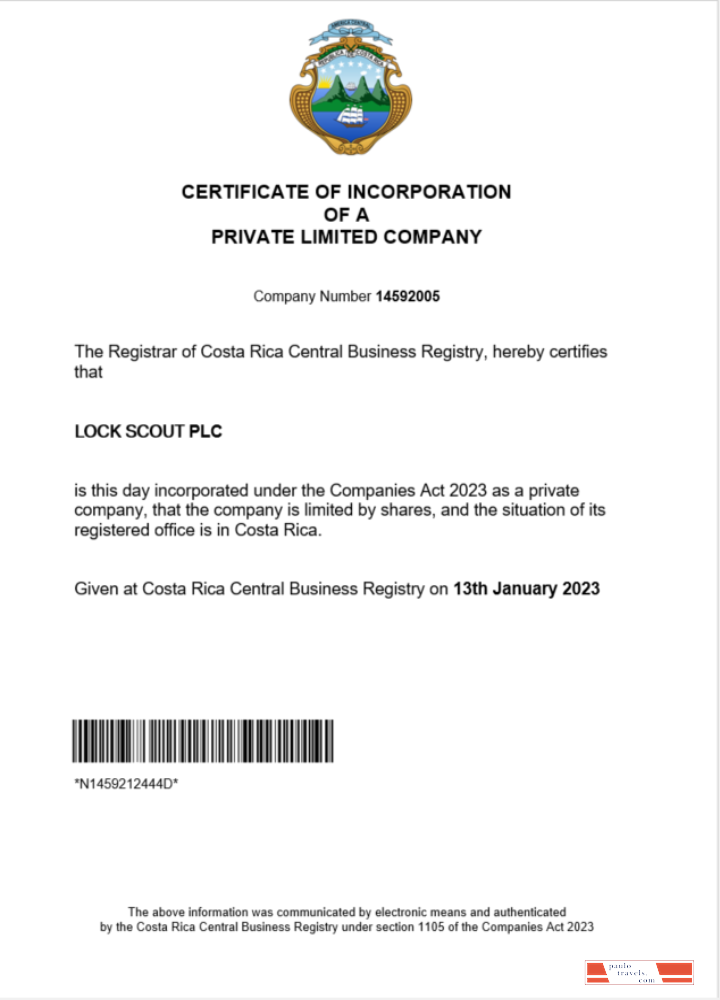 Costa Rica certificate of registration Word and PDF template